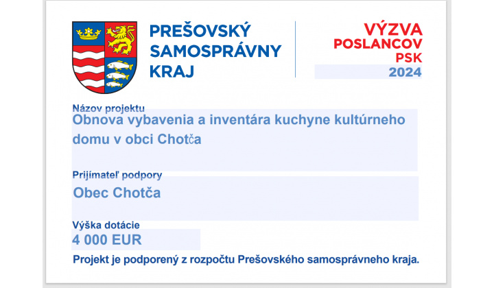 Obnova vybavenia a inventára kuchyne kultúrneho domu v obci Chotča 