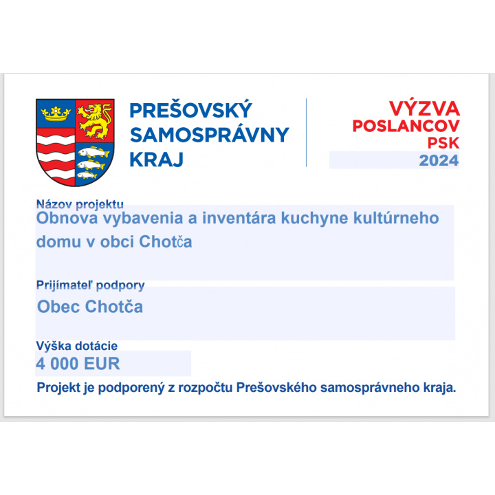 Obnova vybavenia a inventára kuchyne kultúrneho domu v obci Chotča 